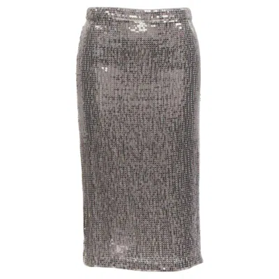 Pre-owned Alice And Olivia Alice Olivia Silver Metallic Sequins Back Slit Knee Length Pencil Skirt Us0 Xs