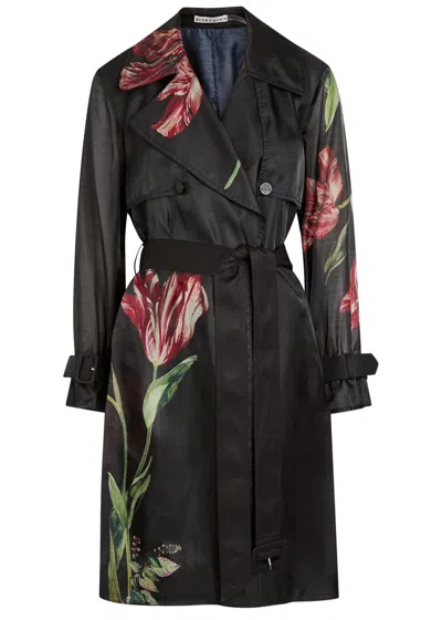 Alice And Olivia Alice + Olivia Silvia Floral-print Organza Trench Coat In Black