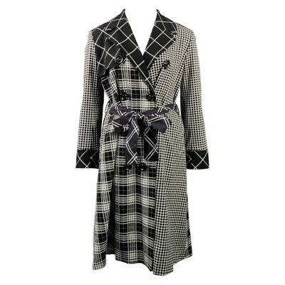 Pre-owned Alice And Olivia Alice + Olivia Size L Black White Polyester Blend Plaid Double Breasted Belted Trenchcoat