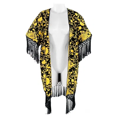 Pre-owned Alice And Olivia Alice + Olivia Size Xs/s Black Yellow Silk Embroidered Open Front Fringe Coat
