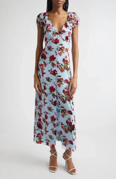 Alice And Olivia X Stacey Bendet Tara Floral-print Ruffled Midi Dress In Blue