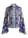 Alice And Olivia Willa Forevermore Fitted Bell-sleeve Placket Top In Multi