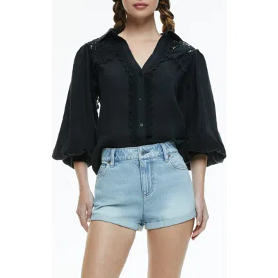 ALICE AND OLIVIA ALICE + OLIVIA VENTY LACE DETAIL LINEN BUTTON-UP SHIRT