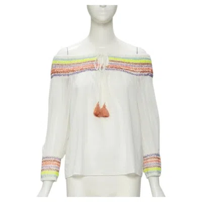 Pre-owned Alice And Olivia Alice Olivia White Cotton Neon Braid Embroidery Off Shoulder Top S