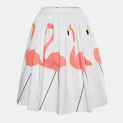 Alice And Olivia Alice + Olivia White Flamingo Print Stretch Cotton Flared Hale Mini Skirt