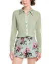 Alice And Olivia Willa 70s Collar Placket Silk-blend Top In Green