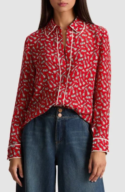 ALICE AND OLIVIA ALICE + OLIVIA WILLA CHESS PIECE PRINT SILK BUTTON-UP SHIRT