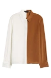 Alice And Olivia Alice + Olivia Willa Colorblock Silk Button-up Shirt In Off White/ Camel
