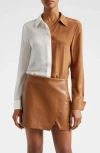 Alice And Olivia Alice + Olivia Willa Colorblock Silk Button-up Shirt In Off White/camel