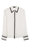 Alice And Olivia Willa Silk Placket Top With Piping Detail In Off White/ Black