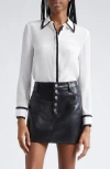 Alice And Olivia Willa Silk Placket Top With Piping Detail In Off White/black