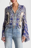 Alice And Olivia Willa Forevermore Fitted Bell-sleeve Placket Top In Blue