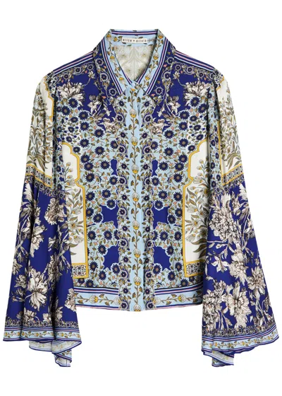 ALICE AND OLIVIA ALICE + OLIVIA WILLA FLORAL FLARED-SLEEVE CHIFFON BLOUSE