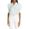 Alice And Olivia Alice + Olivia Willa Puff Sleeve Silk Button-up Shirt In Houndstooth Sm Julep/ecru