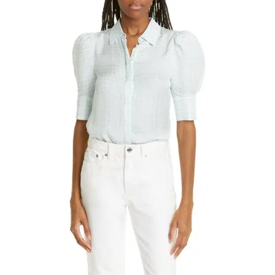 Alice And Olivia Alice + Olivia Willa Puff Sleeve Silk Button-up Shirt In Houndstooth Sm Julep/ecru