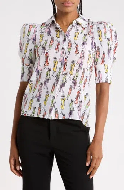 Alice And Olivia Alice + Olivia Willa Staceface Puff Sleeve Silk Top In Melrose Stace