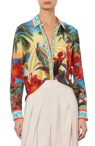Alice And Olivia Alice + Olivia Willa Tropical Print Silk Button-up Shirt In Multi