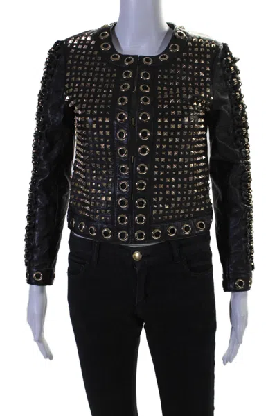 Alice And Olivia Alice + Olivia Womens Hook Front Braided Studded Grommet Leather Jacket Black Xs