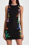 Alice And Olivia Clyde Bear-printed Mini Dress In Black