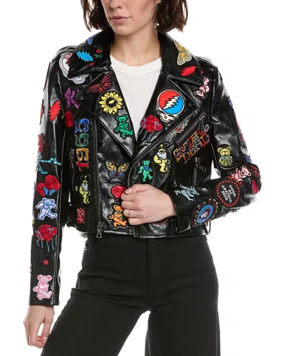Alice And Olivia Alice + Olivia X Grateful Dead Cody Cropped Moto Jacket In Black