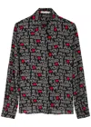 Alice And Olivia X The Beatles All You Need Is Love Willa Silk Placket Top In Black