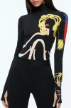 Alice And Olivia Alice + Olivia X Tom Wesselmann Delaina Print Turtleneck Top In Natural Beauty