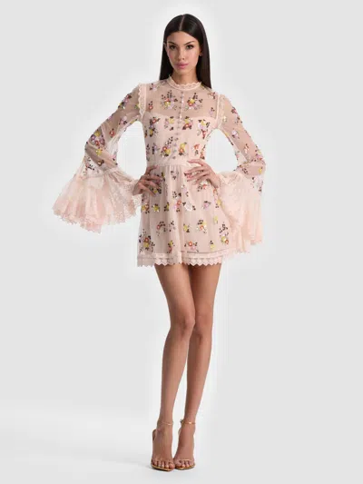 Alice And Olivia Allegra Embellished Lace Mini Dress In Pink