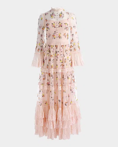 Alice And Olivia Allegra Floral Embellished Ruffle-hem Dress In Pink