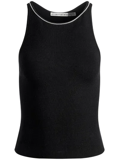 Alice And Olivia Ribbed-knit Crystal-embellished Top In Black