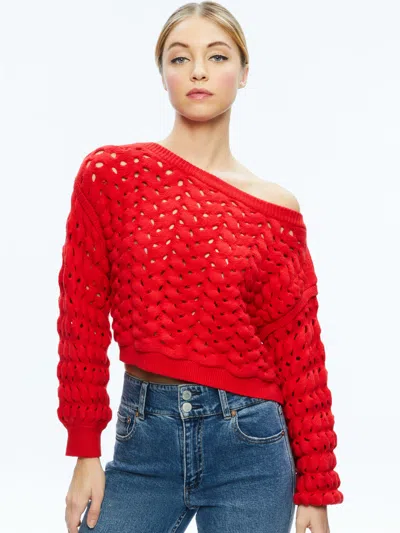 Alice And Olivia Allene Cable Knit Crewneck In Bright Ruby