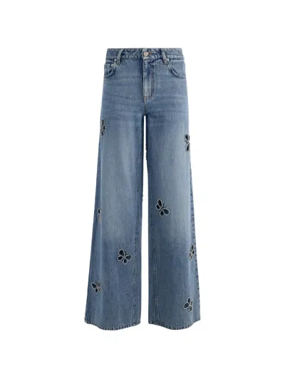 Alice And Olivia Amazing Low Rise Embellished Cutout Jeans In Fiona Vintage Blue In Animal Print