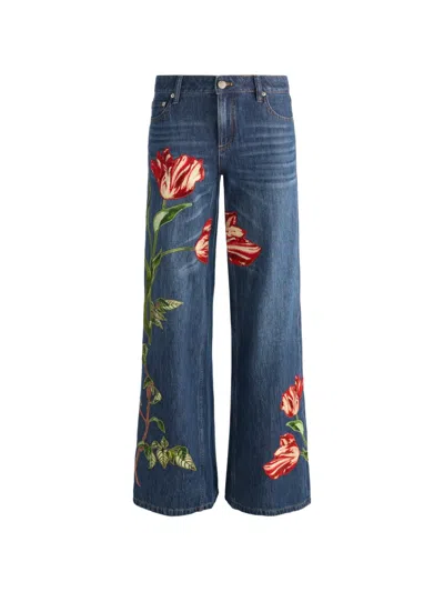 Alice And Olivia Amazing Floral-embroidered Jeans In Blue