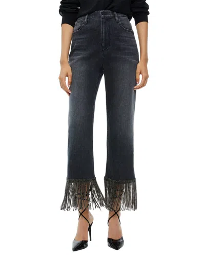 Alice And Olivia Crystal-embellished Fringed Cropped Jeans In Black