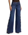 Alice And Olivia Amazing Low Rise Embellished Wide Leg Jeans In Dark Rinse In Blue