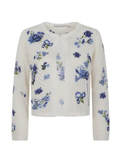 Alice And Olivia Anderson Floral-embroidered Crocket Cardigan In Blue