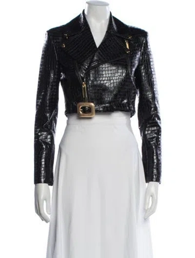 Pre-owned Alice And Olivia Animal Print Biker Jacket In Black
