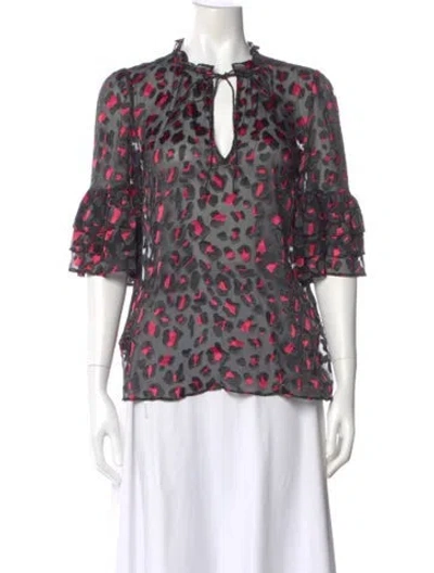 Pre-owned Alice And Olivia Animal Print Tie Neck Blouse In Black
