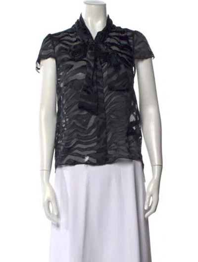 Pre-owned Alice And Olivia Animal Print Tie Neck Blouse In Black