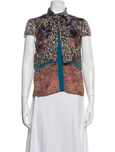 Pre-owned Alice And Olivia Animal Print Tie Neck Blouse In Blue/white
