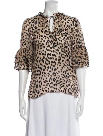 Pre-owned Alice And Olivia Animal Print Tie Neck Blouse In Neutral