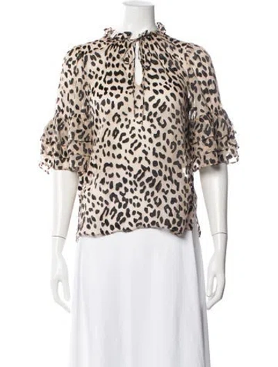 Pre-owned Alice And Olivia Animal Print Tie Neck Blouse In Neutrals