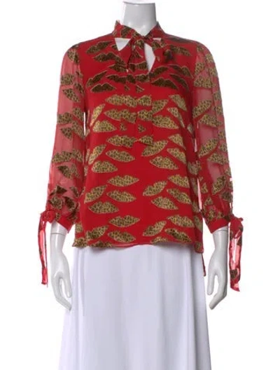 Pre-owned Alice And Olivia Animal Print Tie Neck Blouse In Red