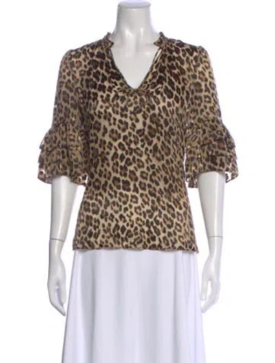 Pre-owned Alice And Olivia Animal Print V-neck Blouse In Brown