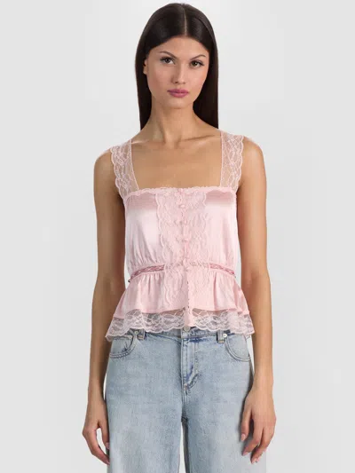 Alice And Olivia Annabeth Embroidered Satin Tank Top In Pink