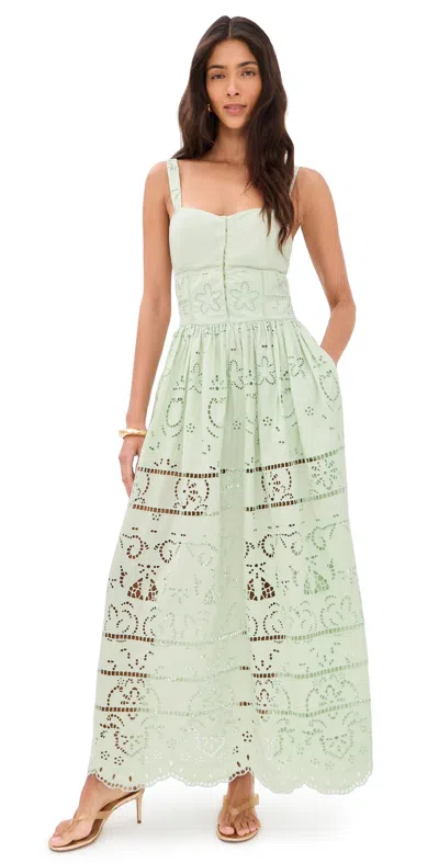 Alice And Olivia Anya Embroidered Soft Sweetheart Midi Dress Light Sage In Green