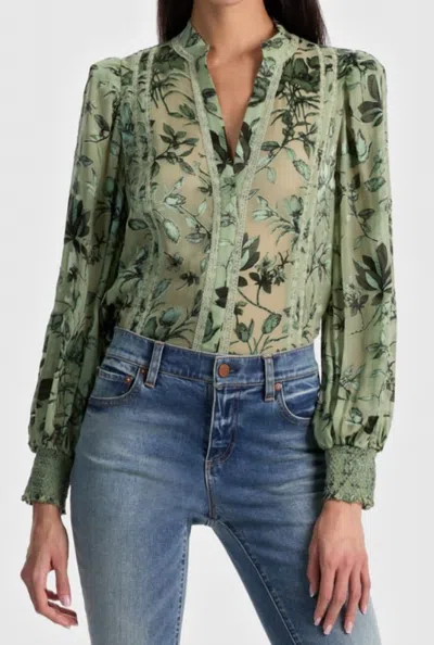 Alice And Olivia Arlette Collared Blouse In Mystic Garden Sage In Multi