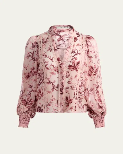 Alice And Olivia Arlette Floral Lace-trim Blouse In Multi