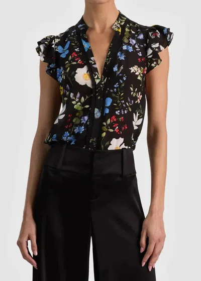 Alice And Olivia Arlette Flutter Sleeve Top In Twisting Vines Black In Multi