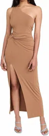 Alice And Olivia Ashby Front Twist Hip Cutout Midi Dress In Camel Tan In Brown