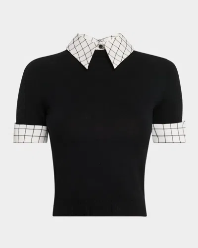 Alice And Olivia Aster Collared Pullover In Black Soft White